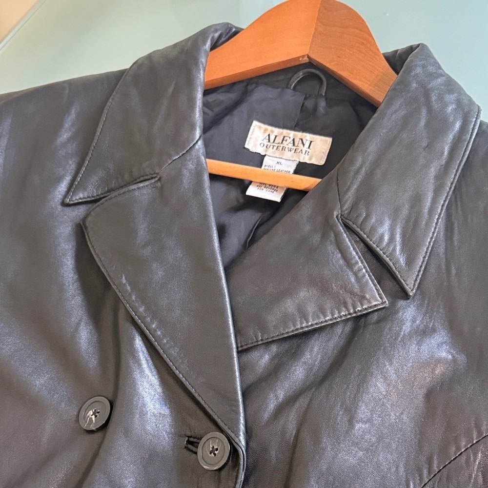Leather Jacket Women Alfani Black Leather Trench Coat Size XL - Picture 3 of 7